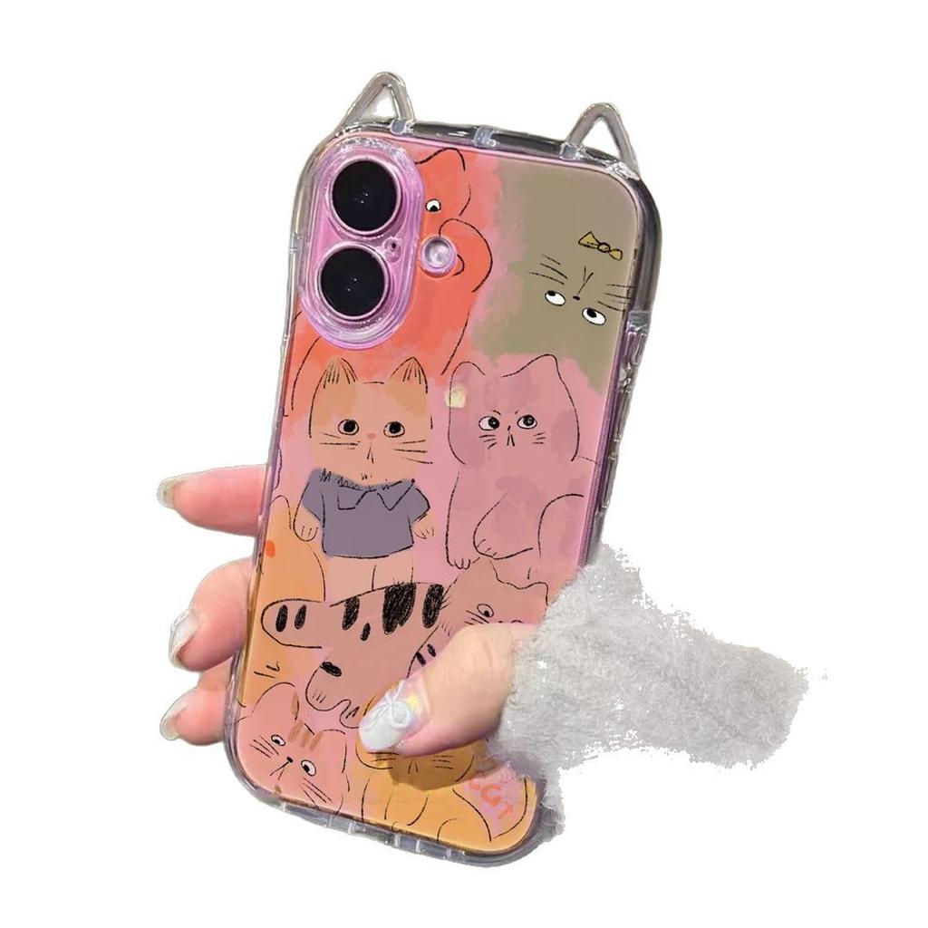 Color Graffiti Cat Applicable Apple 17/16Promax Cat Ears Phone Case IP Air Transparent 15/14 Soft