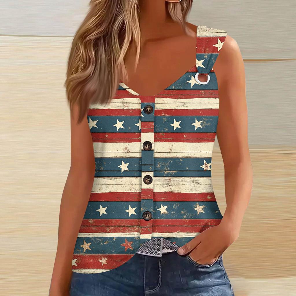 Women's Fashion Casual Loose Sleeveless Buttoned V-Neck Independence Day Printed T-Shirt Top
