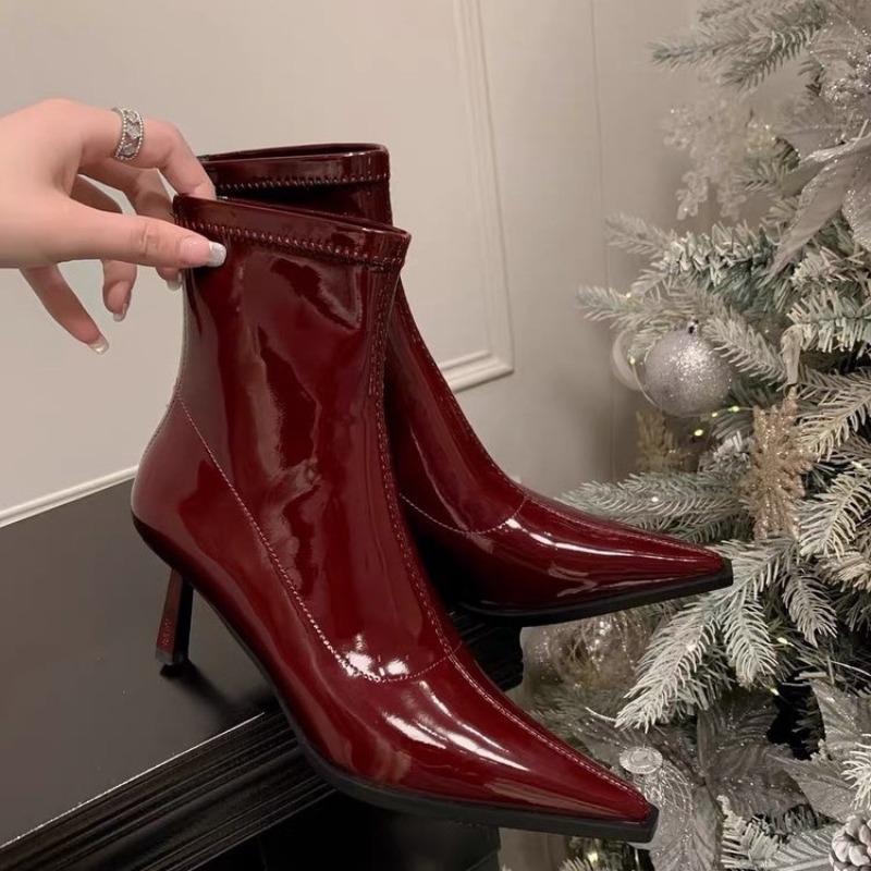Autumn and Winter New Patent Leather Short Boots Women's Sexy Pointed Thin High Heels Thin Boots Commuting Temperament Small Ankle Boots