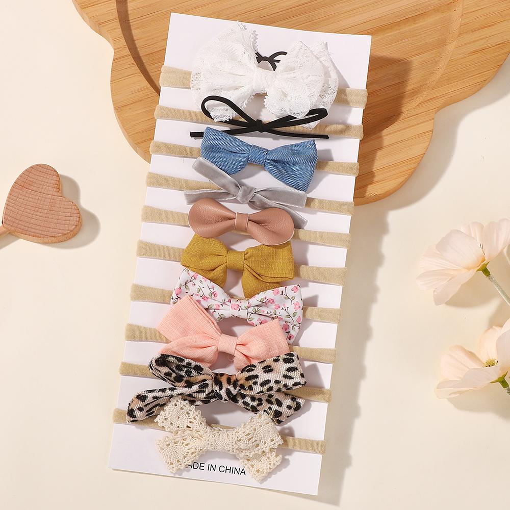 10Pcs Baby Girls Lace Flower Headband Set Handmade Leather Bowknot Elastic Nylon Velvet Hair Accessories for borns Toddler
