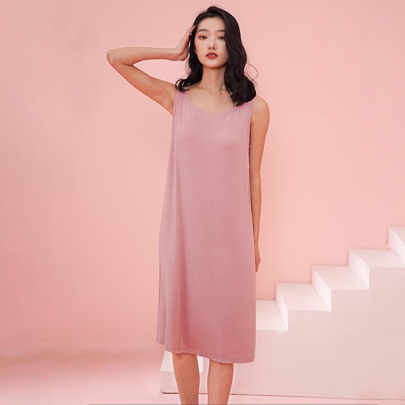 Women's Modal Sleeveless Nightgown with Chest Pad - Spaghetti Strap, Over-Knee Length, Sexy Summer Sleepwear
