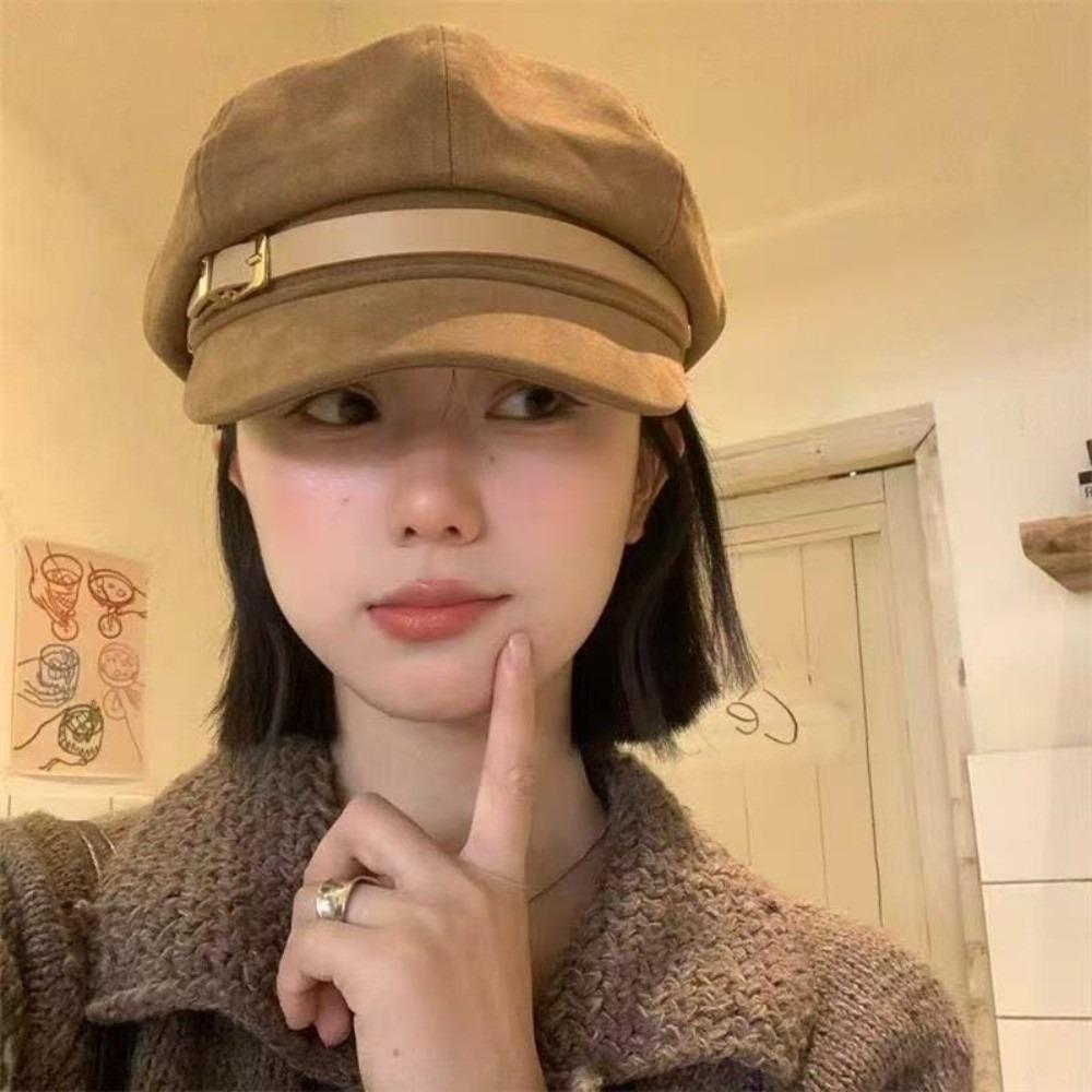Belt Buckle Suede Octagonal Hat British Style Painter Hat Casual Pu Leather Beret  Winter