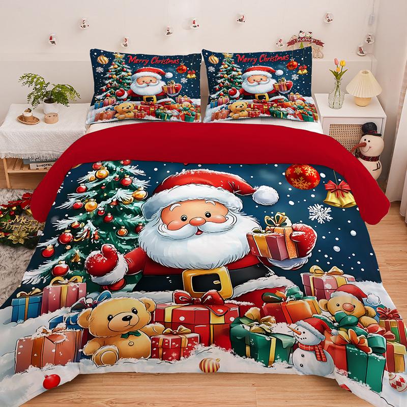 3PC Cartoon Christmas Duvet Cover Kawaii Elk Interesting Old Man Bedding Set (1Duvet Cover &2Pillowcases) No Filler/core