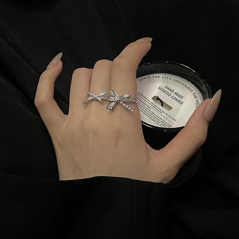 Hepburn Style Double Bow Pearl Stacked Open Ring Full Of Diamonds Zircon Temperament Advanced Sense Index Finger Ring