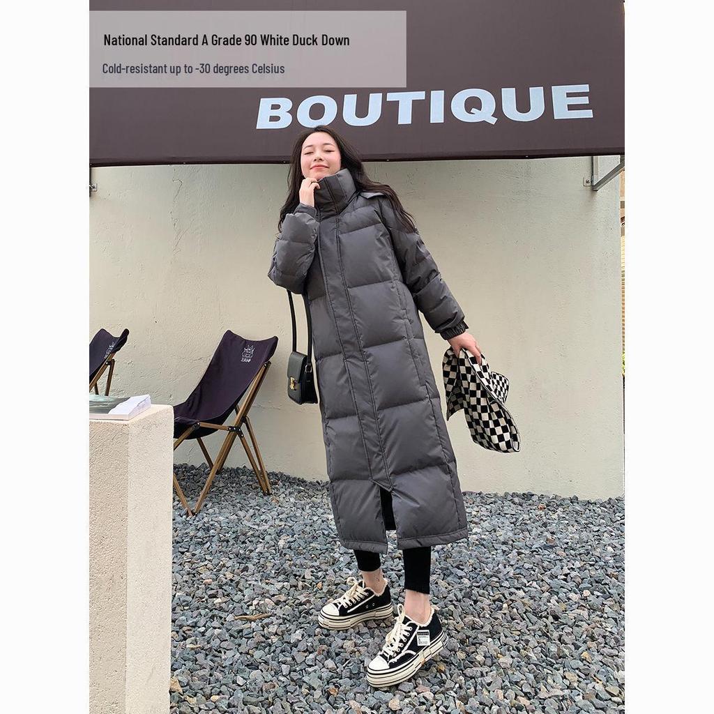 Women's Extra Long Over-the-Knee White Duck Down Jacket for Winter