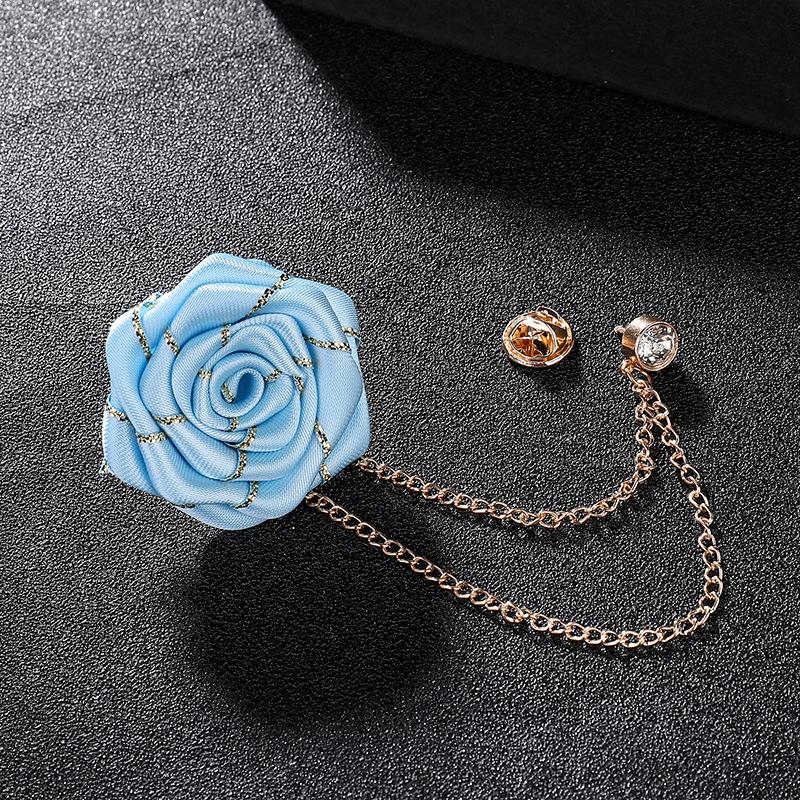 Men Wedding Brooches Cloth Art Handmade Rose Flower Brooch Lapel Pin Badge Tassel Chain Men'S Suit Accessories Groom Boutonniere