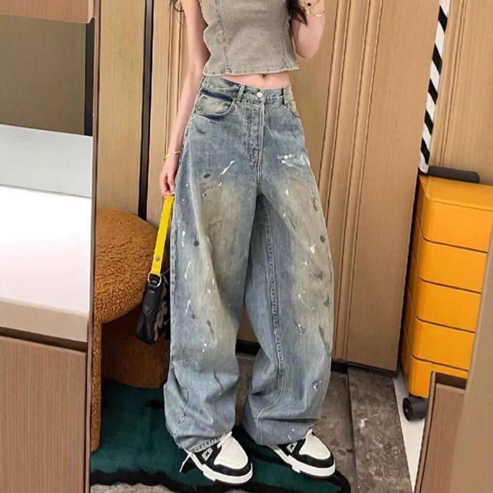 Ink Splash Retro High-Waist Wide-Leg Winter Jeans: Women s Slimming Straight-Leg Pants M