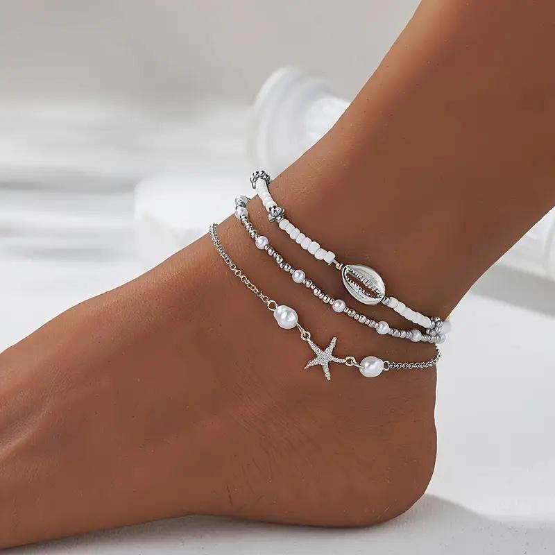 

3-piece summer beach style alloy starfish shell stacking bead women s ankle chain