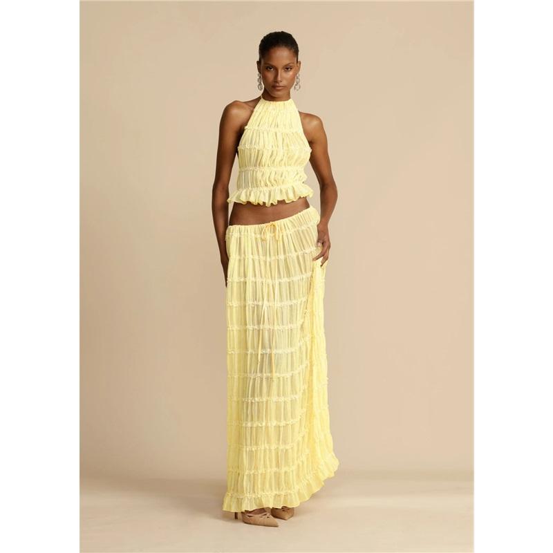 

Женский новый однотонный повседневный комплект из 2 предметов с халтер-вырезом, больше летней одежды без рукавов, свободный, для отпуска, женский юбочный костюм XL жёлтый