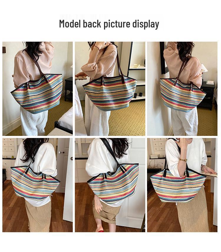 Women's Large Straw Woven Striped Tote - Single Shoulder Crossbody Bag, Casual Travel Handheld Shell Shape