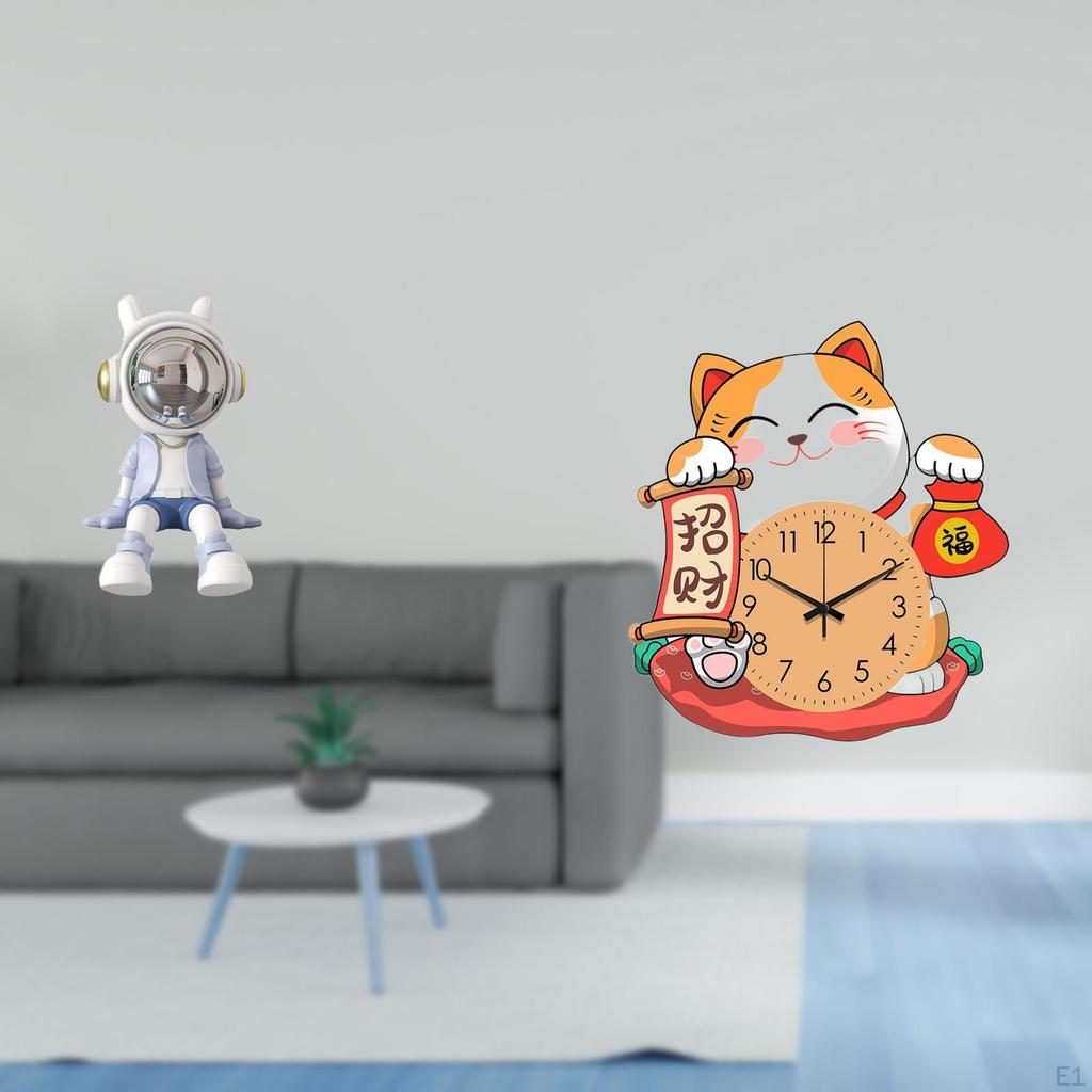 Nordic Astronaut Cat Sculpture Figurine Silent Wall Clock Desktop Ornament for Kids Living Room