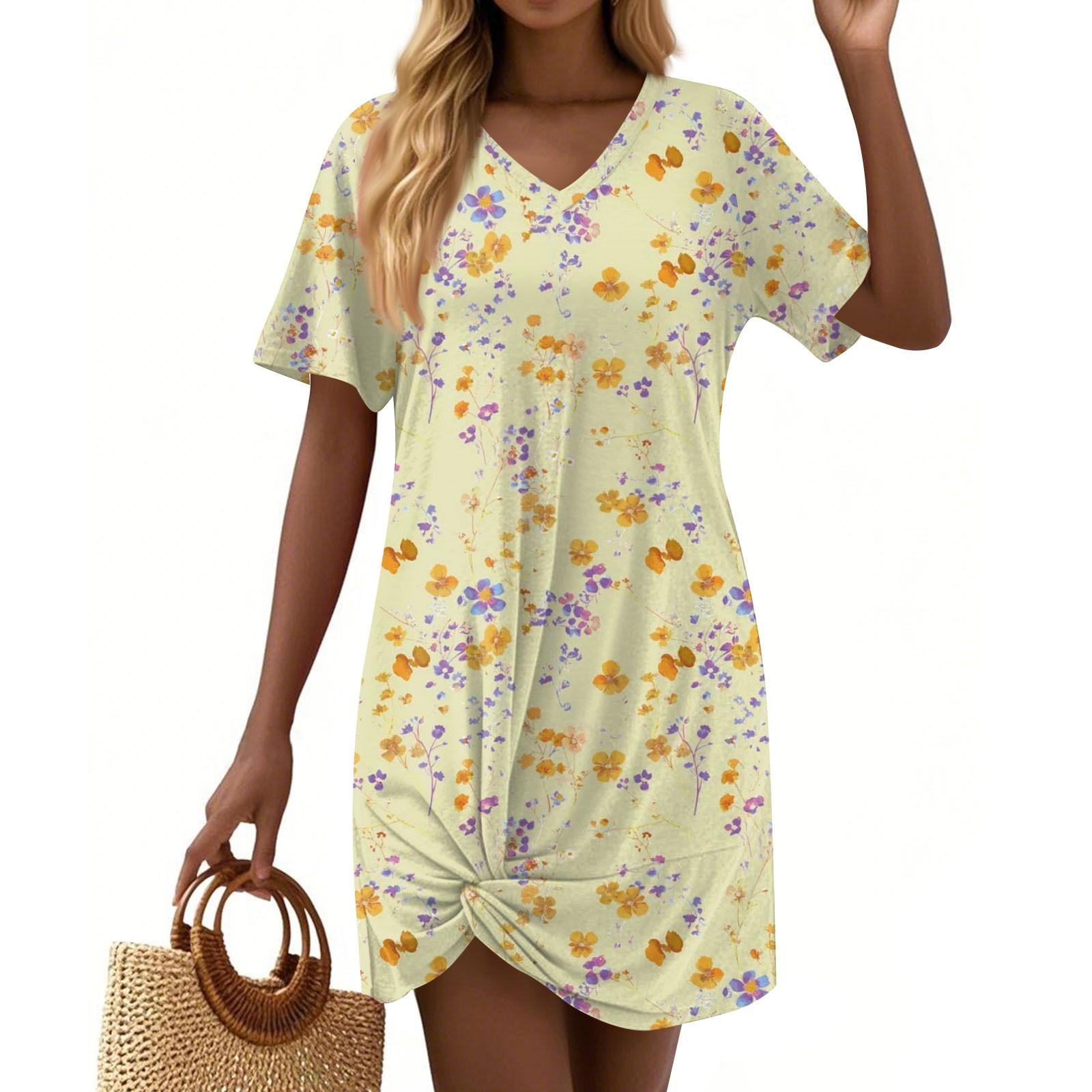 

Women s Summer Casual Floral Printed Hem Knotted Short Sleeve Dresses XL