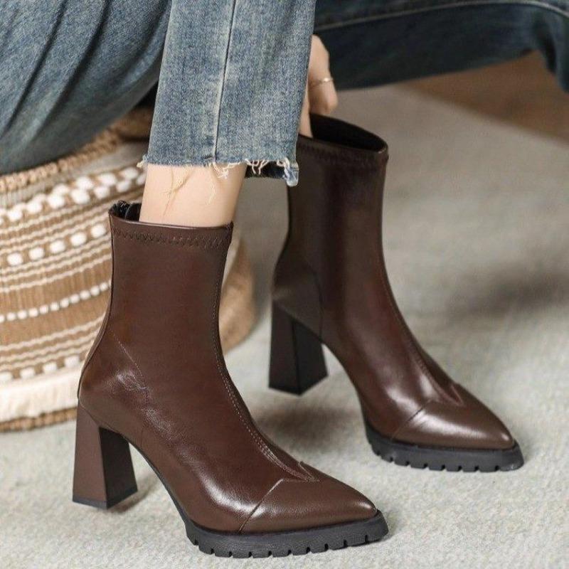 Block Heel Skinny Boots Fall Winter New Pointed Toe Way Leather Back Zip Platform Non-Slip Booties