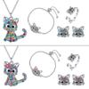 Cat Jewelry Set for Girls Necklace Bracelet Ring Stud Earring Sets for Kids Rainbow Rhinestones Jewelry for Women Girls