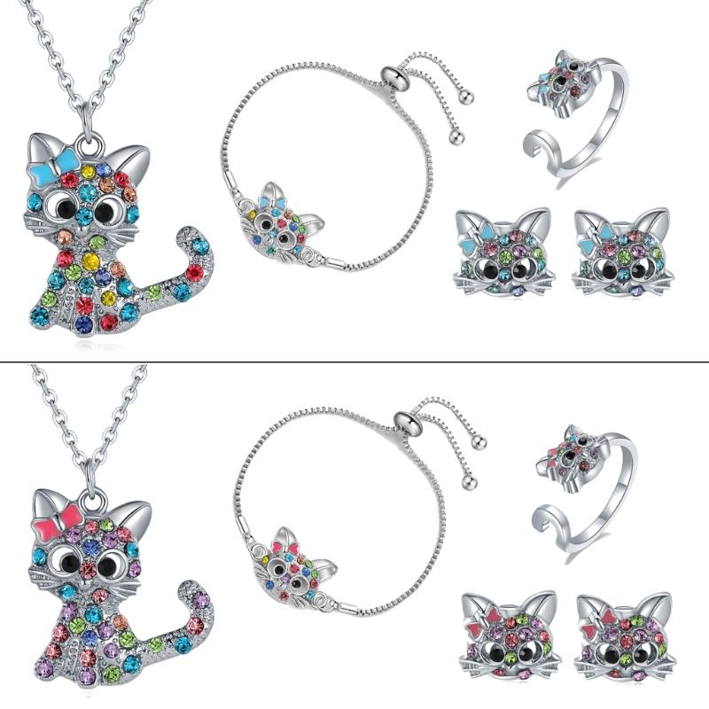 Cat Jewelry Set for Girls Necklace Bracelet Ring Stud Earring Sets for Kids Rainbow Rhinestones Jewelry for Women Girls