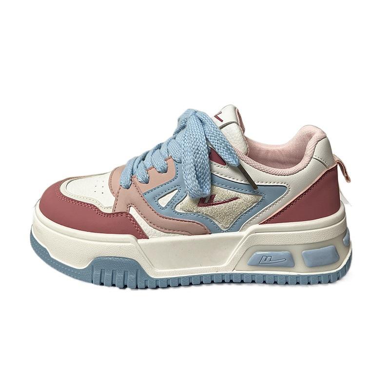 Splicing Contrasting Color College Wind Board Shoes Dopamine Color Scheme Round Head Lace-up Platform Shoes Cute Single Shoes Trendy Brand