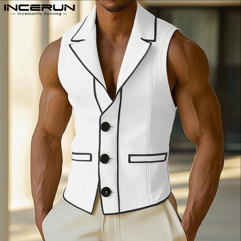 INCERUN Men Lapel Neck Sleeveless Stitching Casual Thin Slim Vest Waistcoat