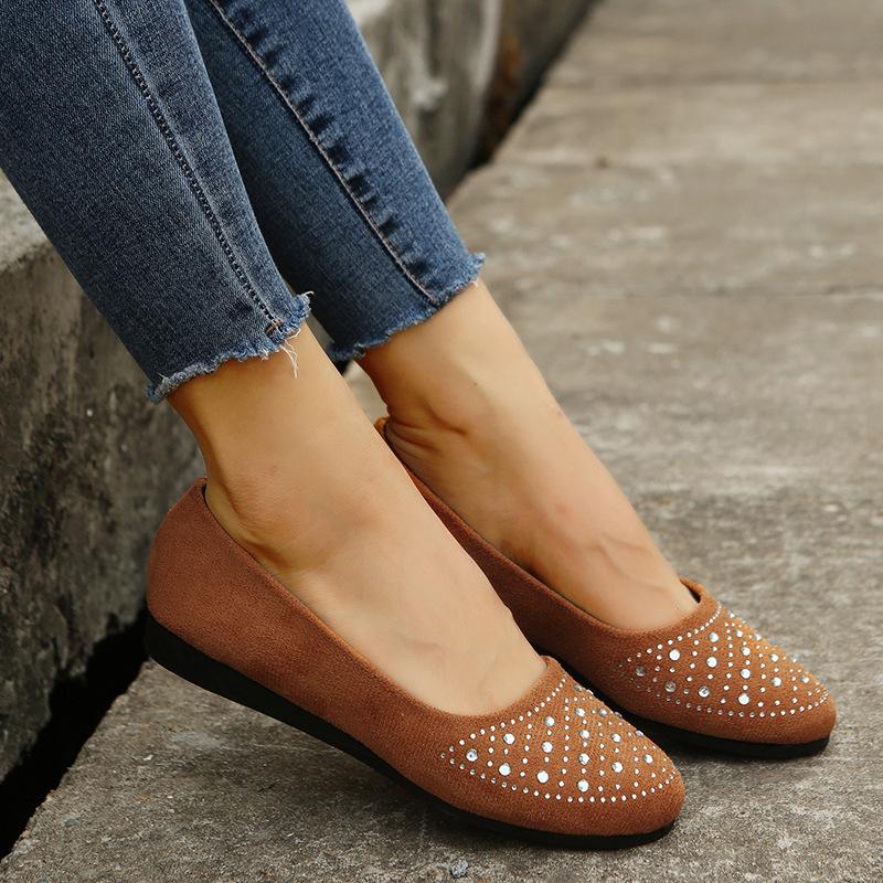 2025 Spring and Autumn Single Shoes Matte European and American Round Head Flat Bottom Casual Crystal Large Size Single Shoes Women's Foreign Tra