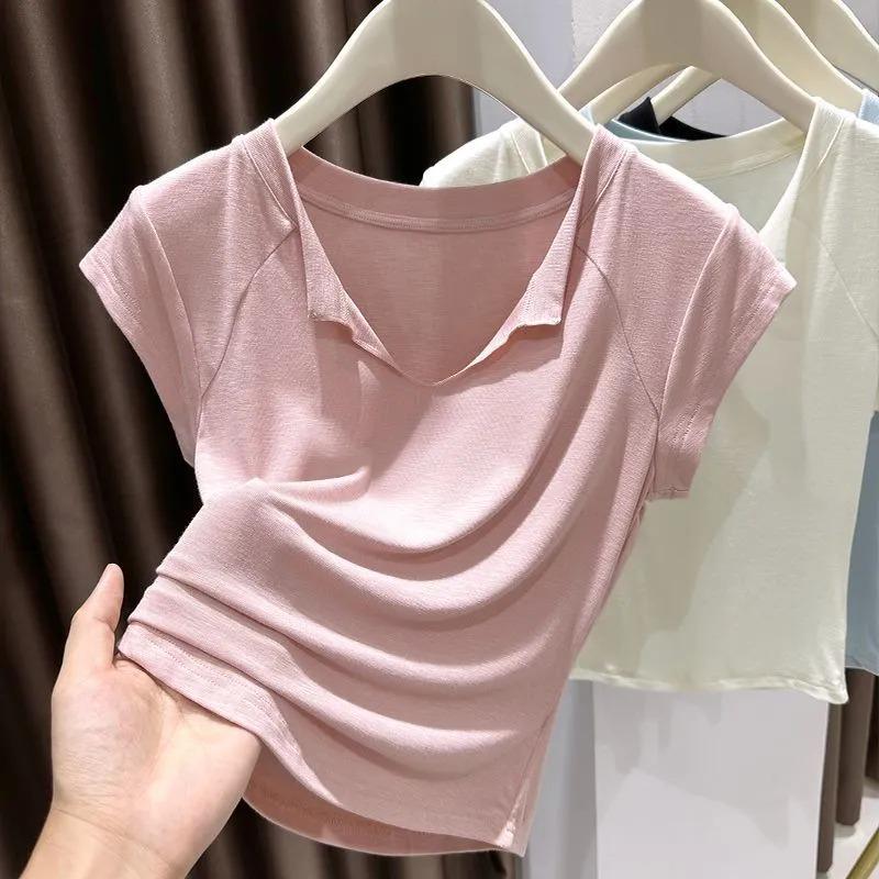 Women Summer Light Blue V Neck Raglan Short Sleeve Ruched Cropped Casual T Shirt