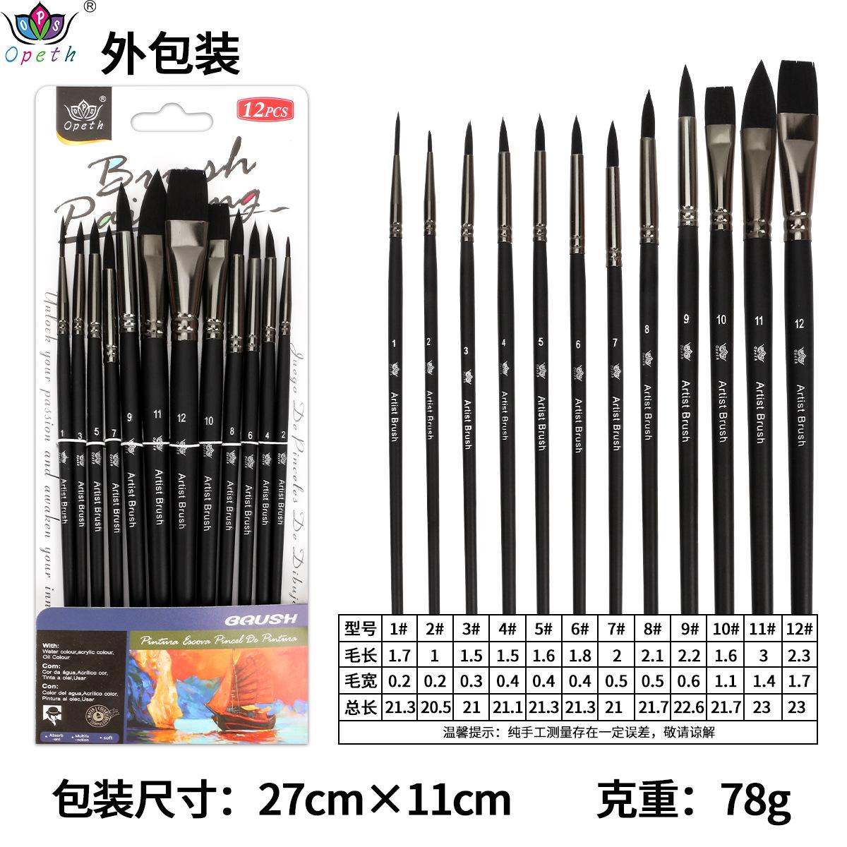 

12-Piece Black Paint Brush Set Beginner’s Wall Painting Kit with Assorted Bristle Types for Acrylic Watercolor