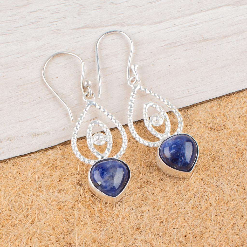 Natural Sodalite Gemstone 925 Sterling Silver Handmade Drop/Dangle Earrings2.00" EE-32-23