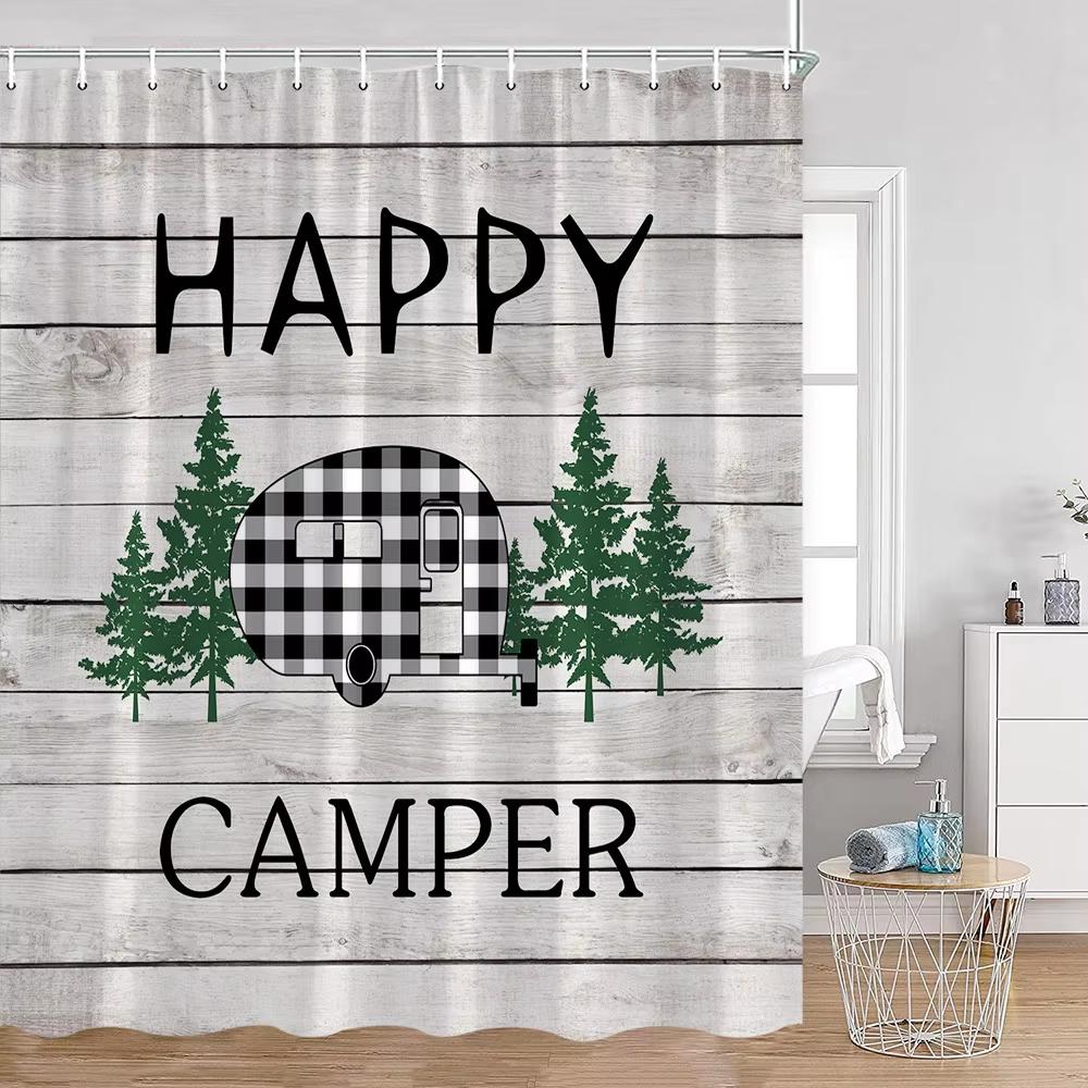 Zasłona prysznicowa do kampera Happy Camper Przyczepa Samochód Kamper Rv Las Góry Namiot Camping Łazienka Zasłona prysznicowa Wodoodporna Zasłona do wanny