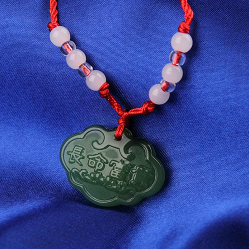 Buddhist White Jade Hand Woven Pendant Necklace Lotus Guanyin Buddha Long Life Lock Pendant Lucky Necklace