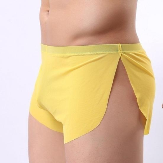 Solid Color Men Ultra-thin Translucent Low Waist Split Boxers Shorts Underwear
