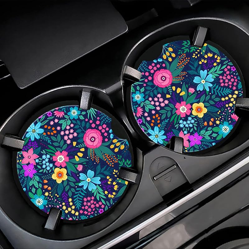 Colorful Flowers and Plants Car Cup Holder Coaster,Car Coasters for Cup Holder,2 Pack Floral Berries Anti-Slip Absorbent Ceramic Car Cup Coasters for