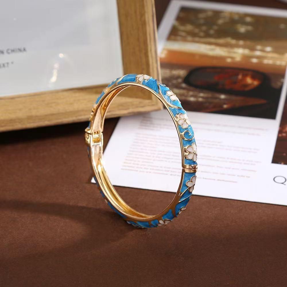 Vintage Colorful Enamel Floral Bangle Chinese Style Handmade Open Cuff Bracelet Gold Plated Gift Flower Bangle Women