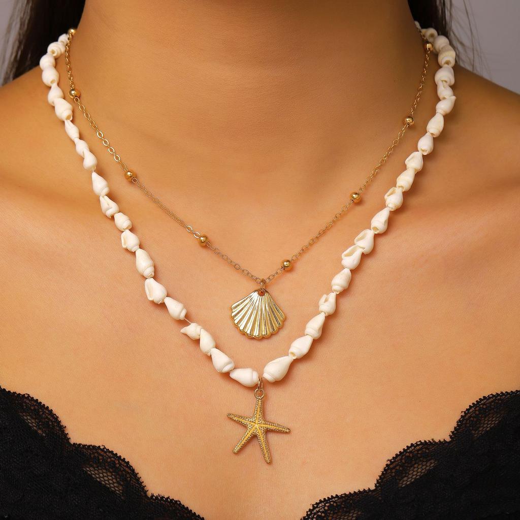 2pcs Set Fashion Starfish Shell Pendant Double-layer Necklace for Women Stacked Collar Chain Beach Vacation Jewelry Sets Gifts