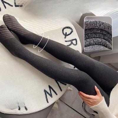 Women's Vertical Stripe High Waist Fleece Lined Thickened Pantyhose Autumn Winter Outer Wear Stirrup Warm Cotton Leggings