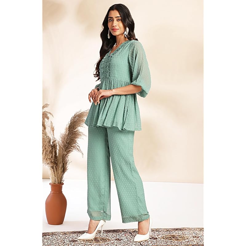 Janasya Women s Sage Dobby Chiffon Woven Design Peplum Co-ord Set (SET966-CO-ORD-J-L) L зелёный