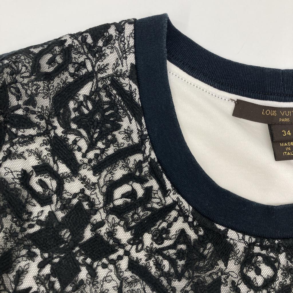 LOUIS VUITTON FATS10QU0 White x Black Lace Monogram Embroidered Short Sleeve Top tops 34 whiteUsed
