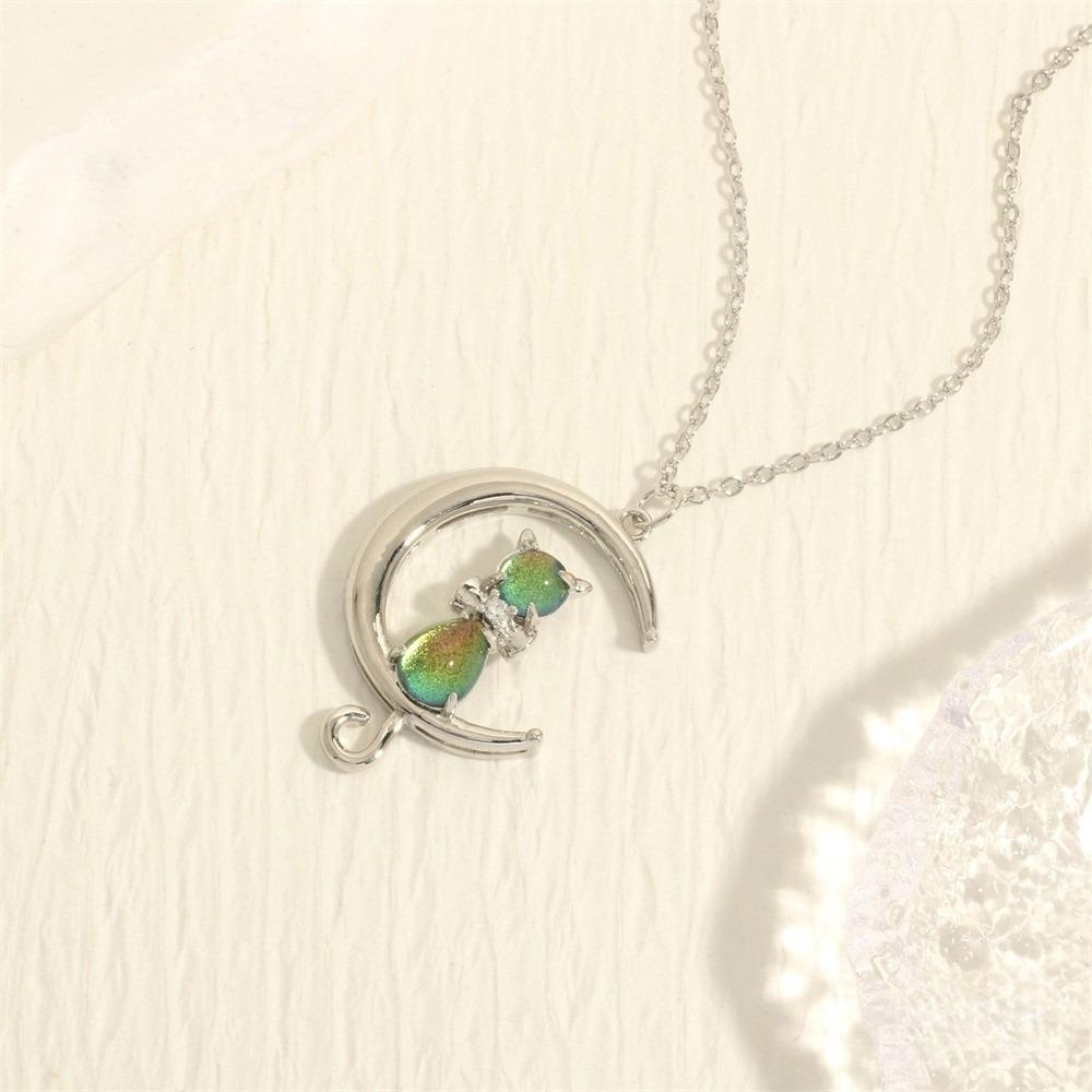 Crystal Cat Pendant Necklace Zircon Neck Chain Delicate Crescent Moon Necklace Girls Silver Green