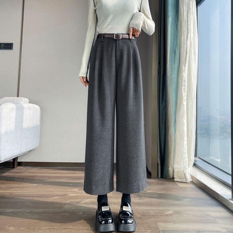 Real Shot 2026 Autumn/Winter Women's Plus Velvet High-Waisted Cropped Woolen Trousers - Straight, Narrow, or Wide Leg Styles
