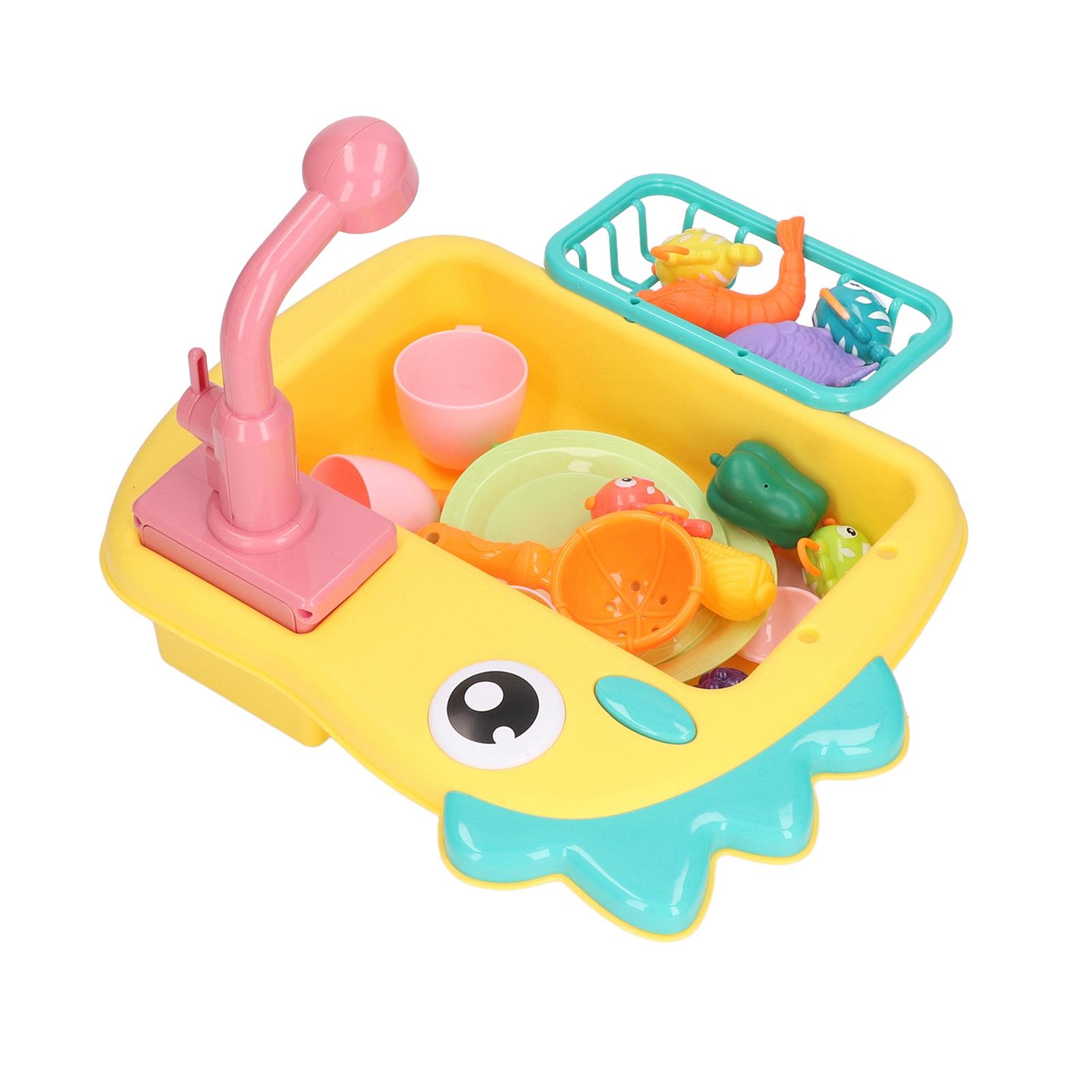 

2 in 1 Play Kitchen Sink Toys with Running Water Automatic Faucets Pretend Dinosaur Fishing Toys
