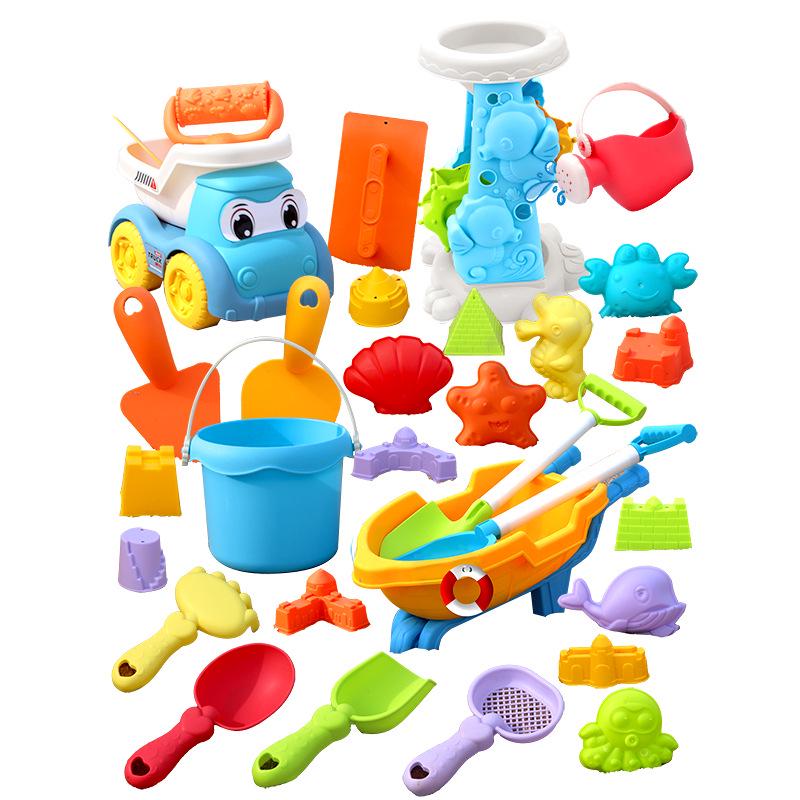 Kids' Beach Toy Set: Car, Bucket, Shovel, Hourglass, and Sand Tools for Water and Sand Play.