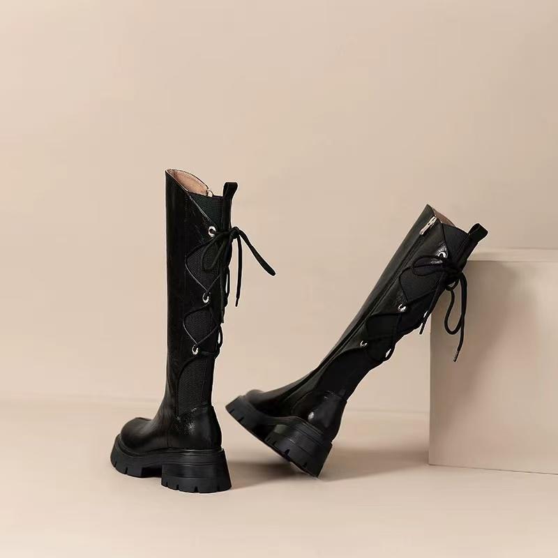 Design Sense Leather Round Toe Platform Knight Boots Women'S Vintage Rear Lace-Up Thick High Heel Thigh Boots