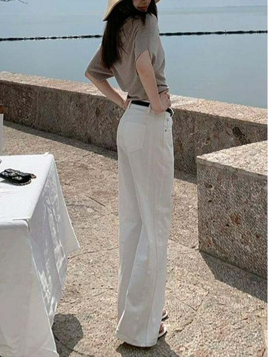 Black Beans Vibe: Women's Summer Mid-Waist Straight-Leg White Jeans