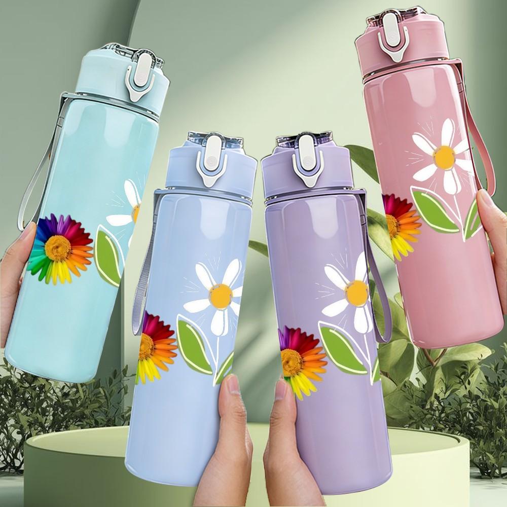 1PC Rainbow Daisy Simple Cute Floral Art 750ml Color Plastic Sports Water Bottle Leakproof Flip Straw Lid Suitable for Sports Office Home Use