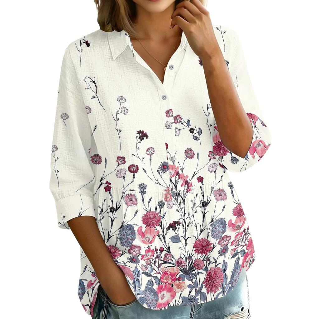 Camicetta da Donna a Bottoni con Collo, Vestibilità Larga, Stampa Floreale Vintage, Manica a Tre Quarti, Top Casual per Uso Quotidiano