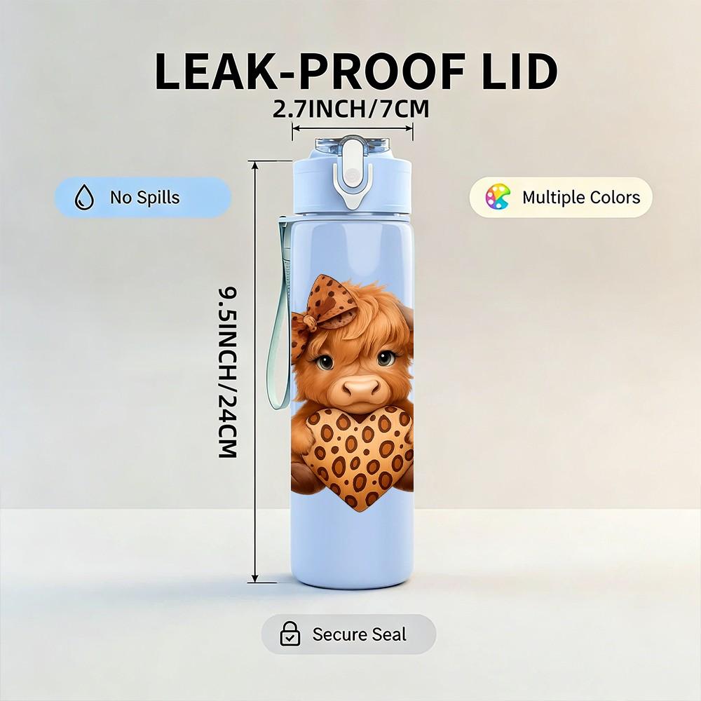 1PC Highland Cow Leopard Fur 750ml Color Plastic Sports Water Bottle Leakproof Flip Straw Lid Suitable for Sports Office Home Use