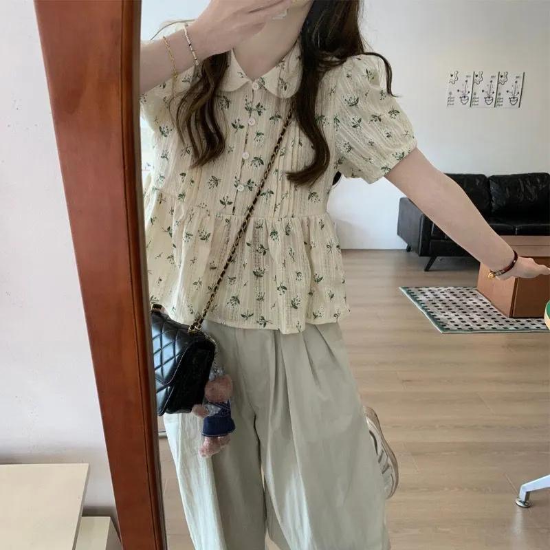 Women Summer Casual French Style Temperament Floral Blouses Loose Lovely Folds Young College