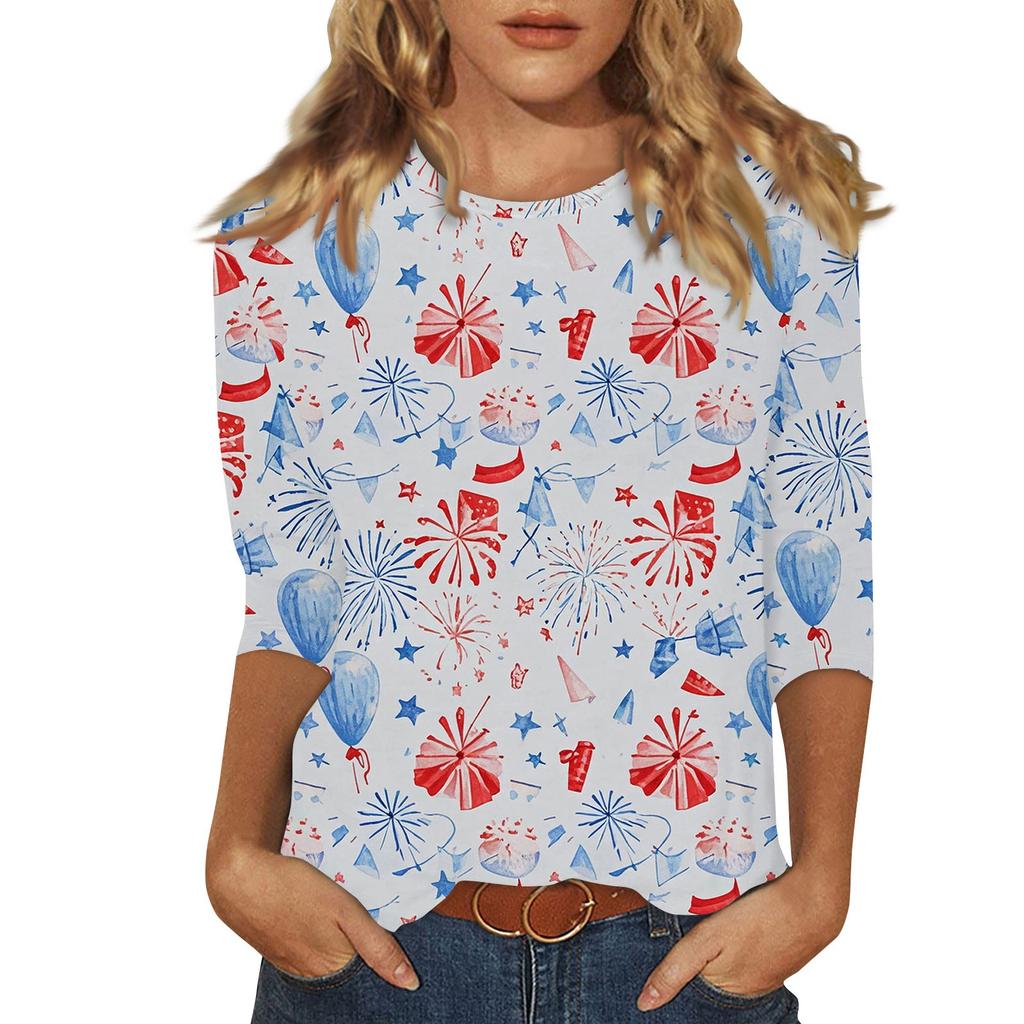 Women's Fashion Casual Round Neck Printed 3/4 T-shirt Top