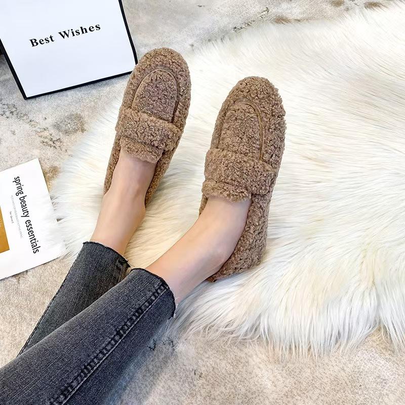 Women's Thick-Soled Furry Loafers, Autumn & Winter Lamb's Wool Bean Shoes, Plus Velvet Cotton, Sizes 41-43 Available