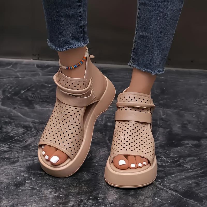 Women's Fashionable Versatile Fishbone Cutout Design Chunky Sole Breathable Roman Sandals