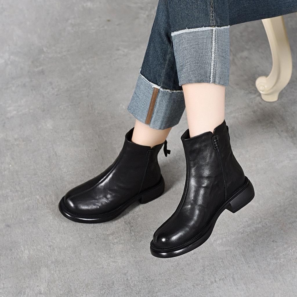 Martin boots women's autumn and winter new round head flat bottom short boots simple casual rear zipper leather boots cotton boots