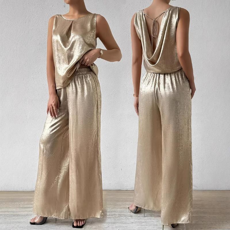 Women's Fashion Summer Sleeveless Vest Top High Waist Drop Wide Leg Trouser Suit