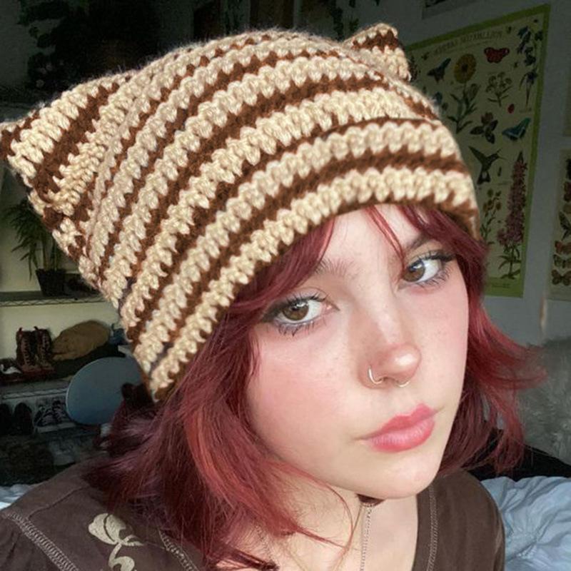 American-style cute cat-ear striped handmade knitted wool hat for women, new autumn and winter playful little devil headwrap hat